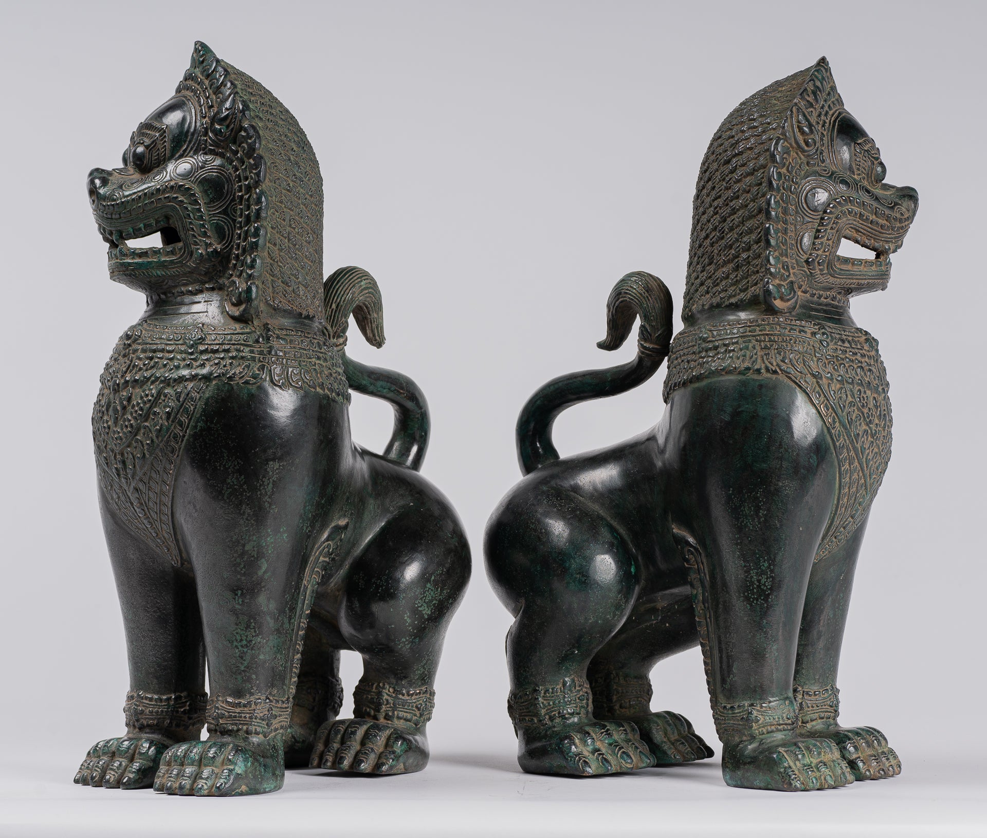 Temple Lions - Antique Khmer Style Bronze Standing Temple Guardians or Lions - 38cm/15"