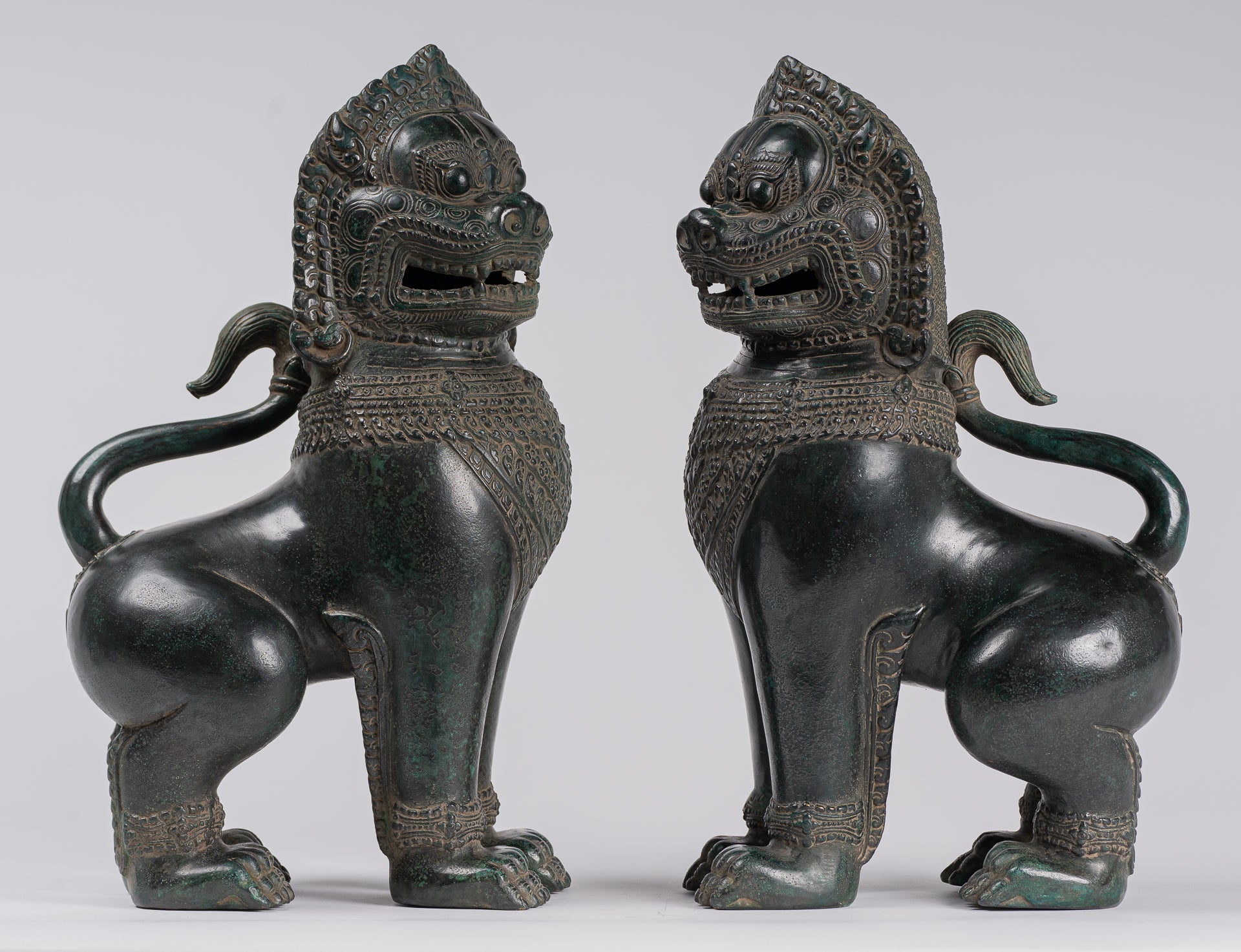 Temple Lions - Antique Khmer Style Bronze Standing Temple Guardians or Lions - 38cm/15"