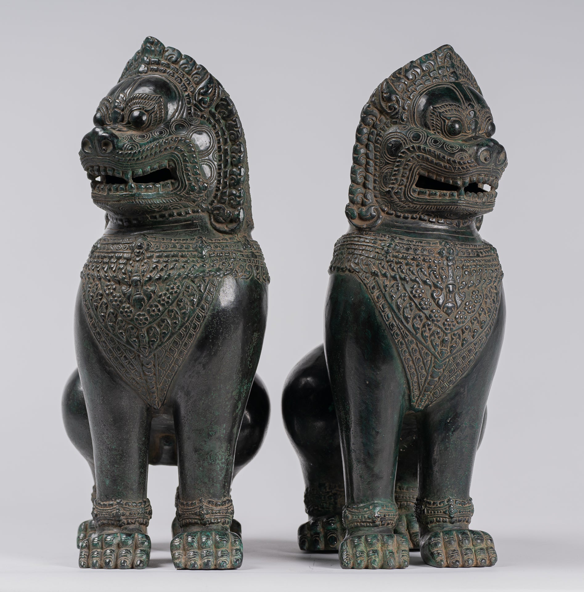Temple Lions - Antique Khmer Style Bronze Standing Temple Guardians or Lions - 38cm/15"