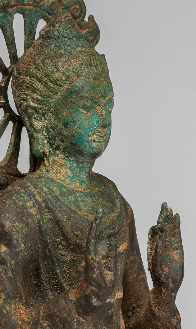 Indian Buddha Statue - Antique Gandhara Style Bronze Protection Buddha Statue - 29cm/12"
