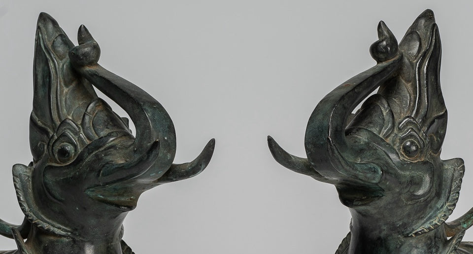 Antique Burmese Style Bronze Standing Chinthe Guardian Temple Lions - 29cm/12" (Pair)