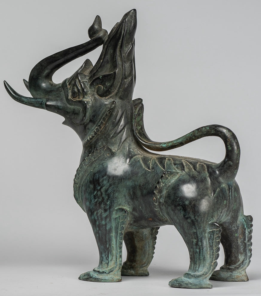 Antique Burmese Style Bronze Standing Chinthe Guardian Temple Lions - 29cm/12" (Pair)