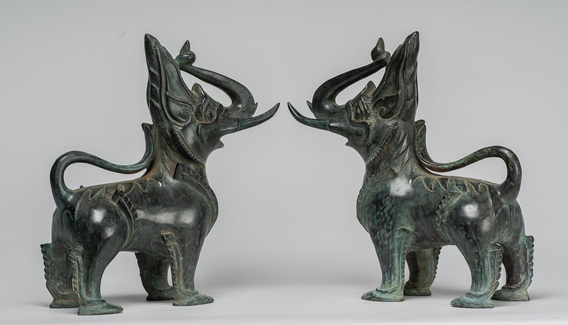 Antique Burmese Style Bronze Standing Chinthe Guardian Temple Lions - 29cm/12" (Pair)