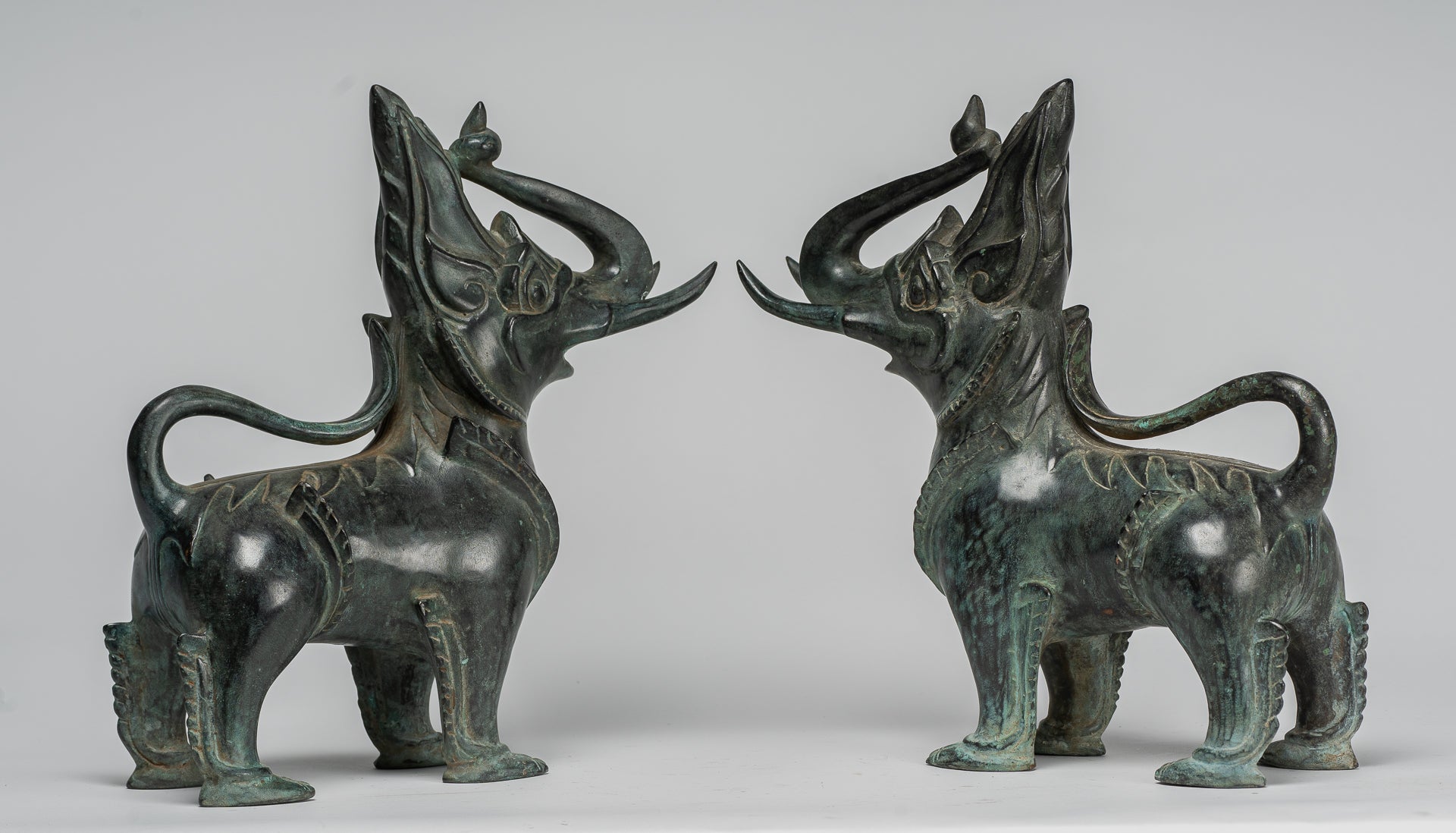 Antique Burmese Style Bronze Standing Chinthe Guardian Temple Lions - 29cm/12" (Pair)