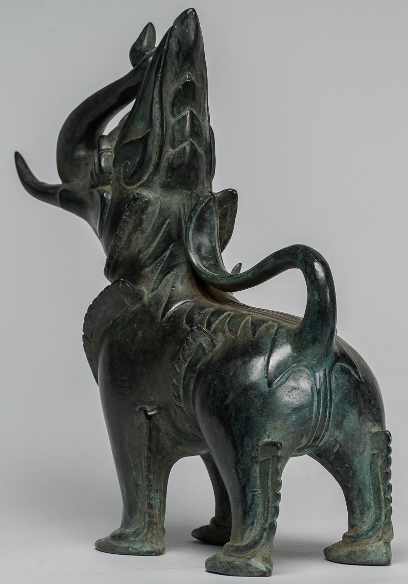 Antique Burmese Style Bronze Standing Chinthe Guardian Temple Lions - 29cm/12" (Pair)