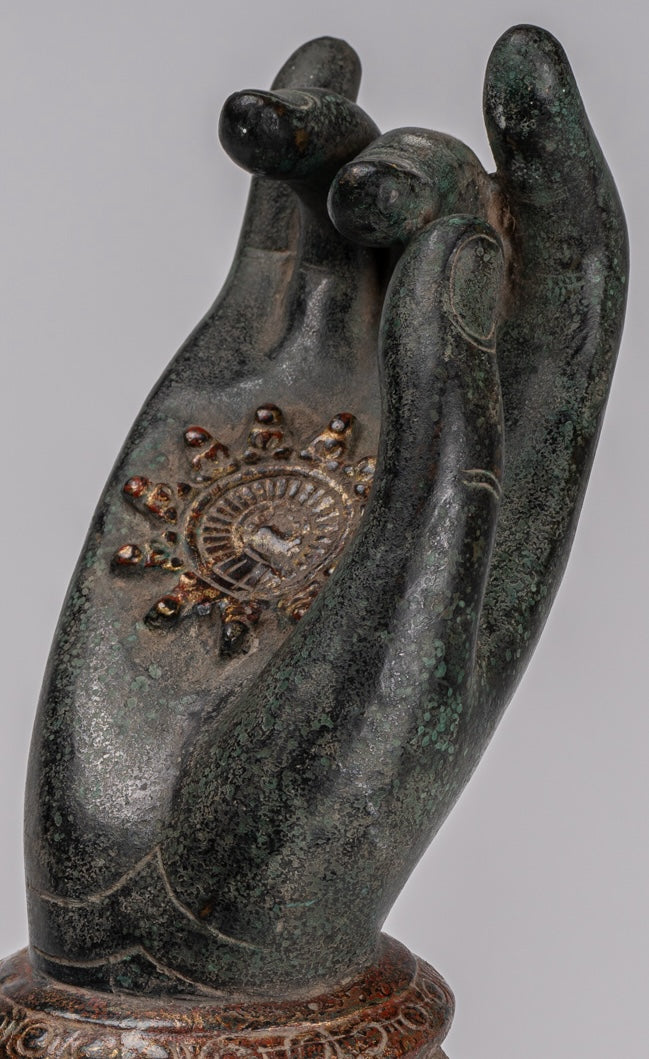 Mounted Antique Khmer Style Southeast Asia Bronze Teaching Hand - 29cm/12"
