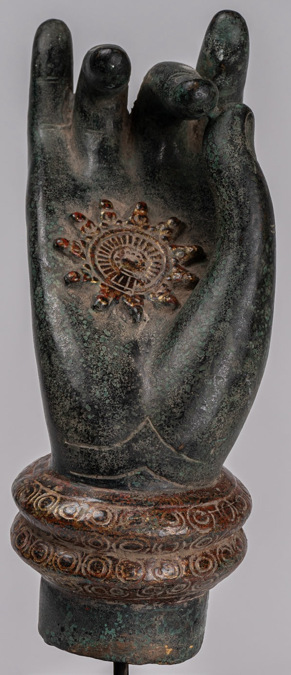 Mounted Antique Khmer Style Southeast Asia Bronze Teaching Hand - 29cm/12"