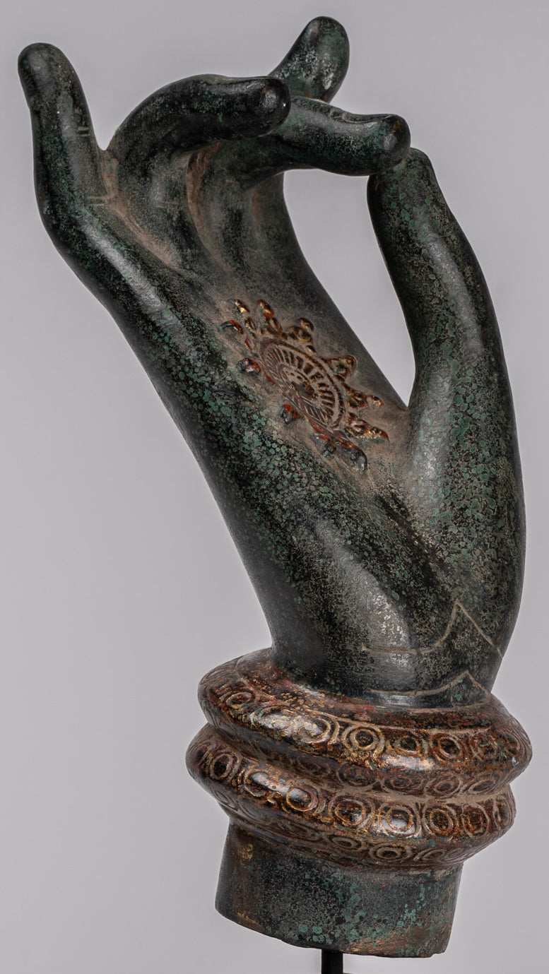 Mounted Antique Khmer Style Southeast Asia Bronze Teaching Hand - 29cm/12"