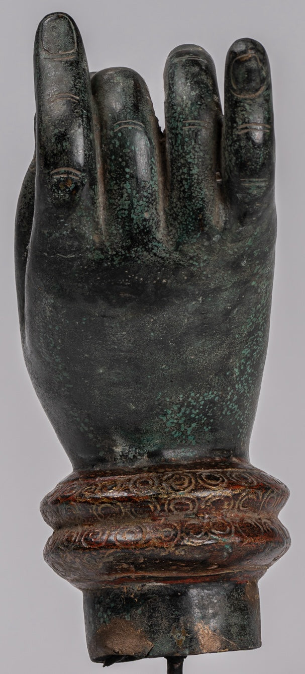 Mounted Antique Khmer Style Southeast Asia Bronze Teaching Hand - 29cm/12"