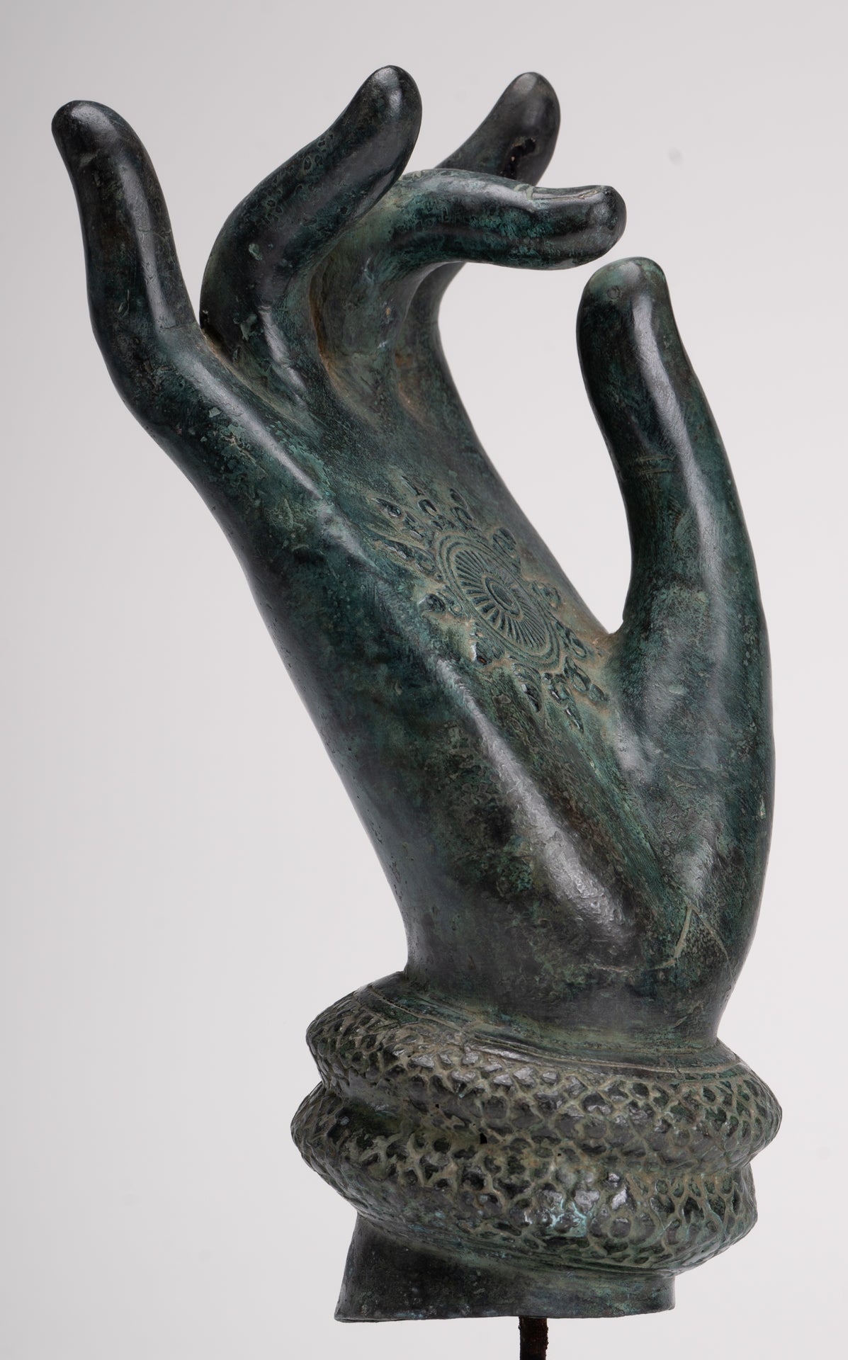 Mounted Antique Khmer Style Southeast Asia Bronze Teaching Hand - 29cm/12"