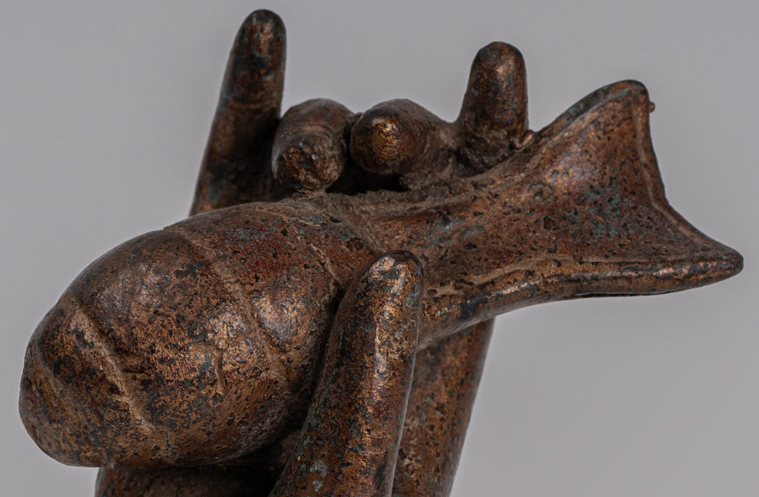 Mounted Antique Khmer Style Southeast Asia Bronze Hand & Conch Shell or Om - 15cm/6"