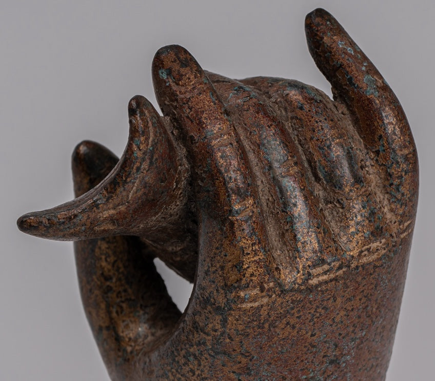 Mounted Antique Khmer Style Southeast Asia Bronze Hand & Conch Shell or Om - 15cm/6"