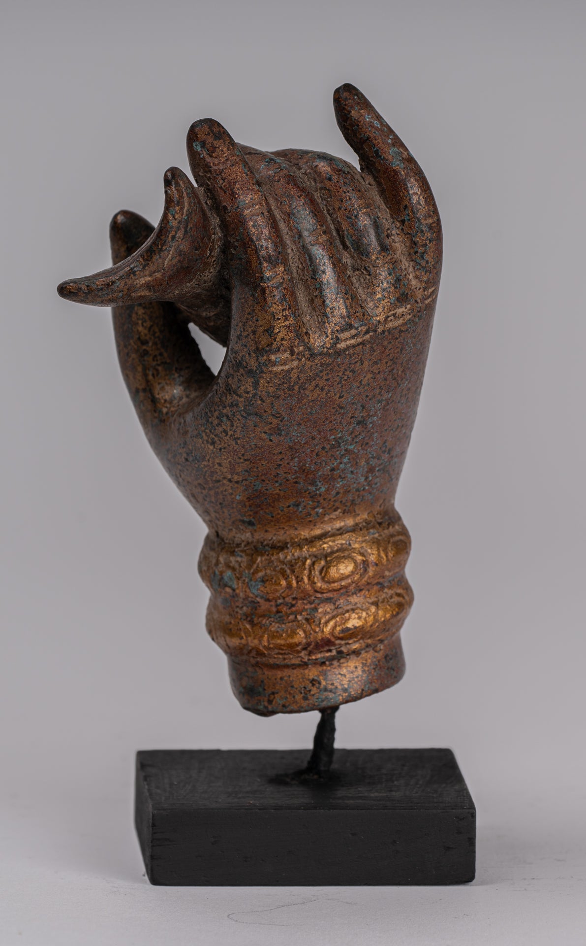 Mounted Antique Khmer Style Southeast Asia Bronze Hand & Conch Shell or Om - 15cm/6"