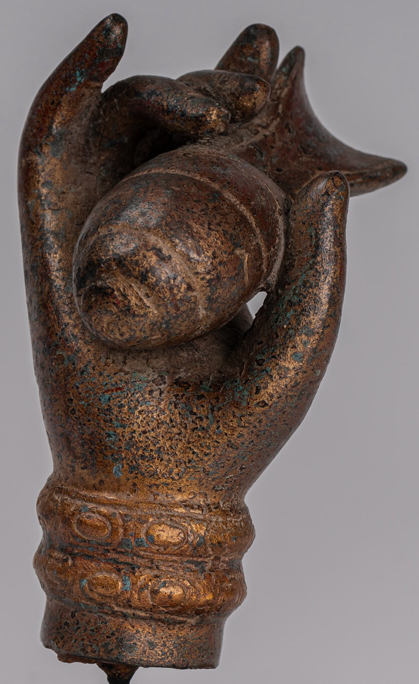 Mounted Antique Khmer Style Southeast Asia Bronze Hand & Conch Shell or Om - 15cm/6"