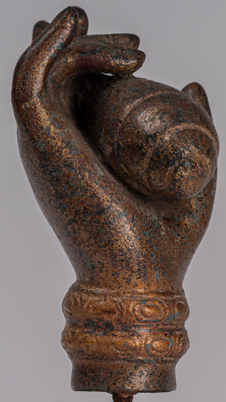 Mounted Antique Khmer Style Southeast Asia Bronze Hand & Conch Shell or Om - 15cm/6"