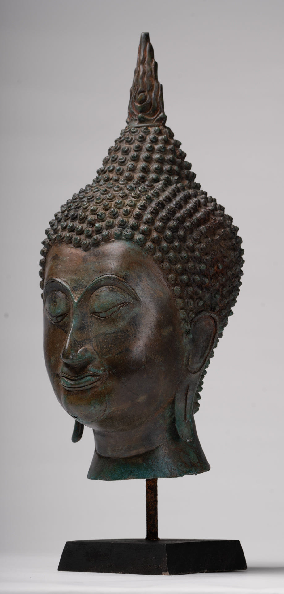 Buddha Head - Antique Thai Style Sukhothai Mounted Bronze Buddha Head - 38cm/15"