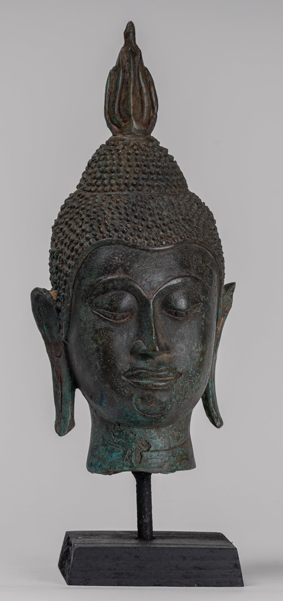 Buddha Head - Antique Thai Style Sukhothai Mounted Bronze Buddha Head - 30cm/12"