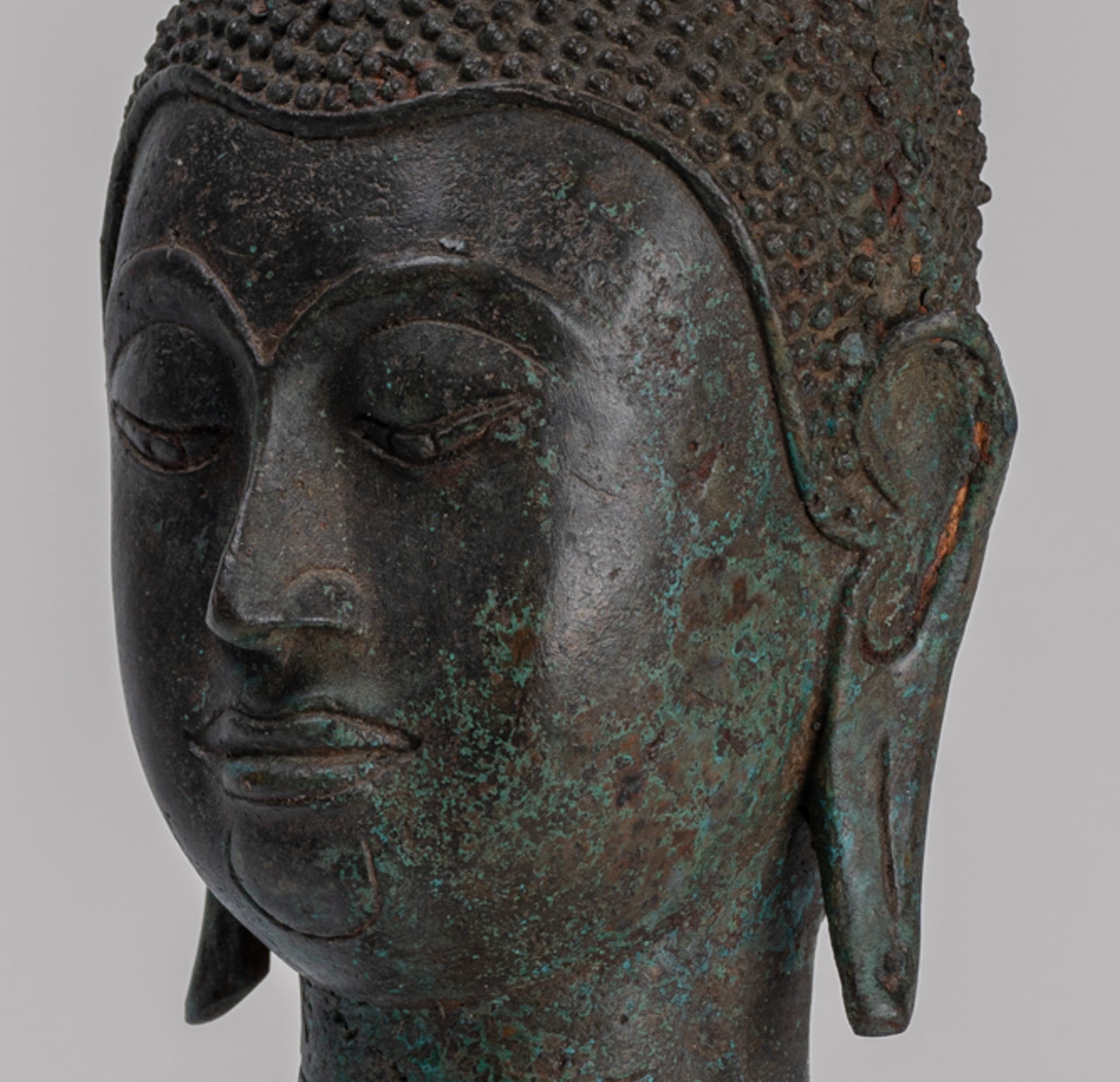 Buddha Head - Antique Thai Style Sukhothai Mounted Bronze Buddha Head - 30cm/12"