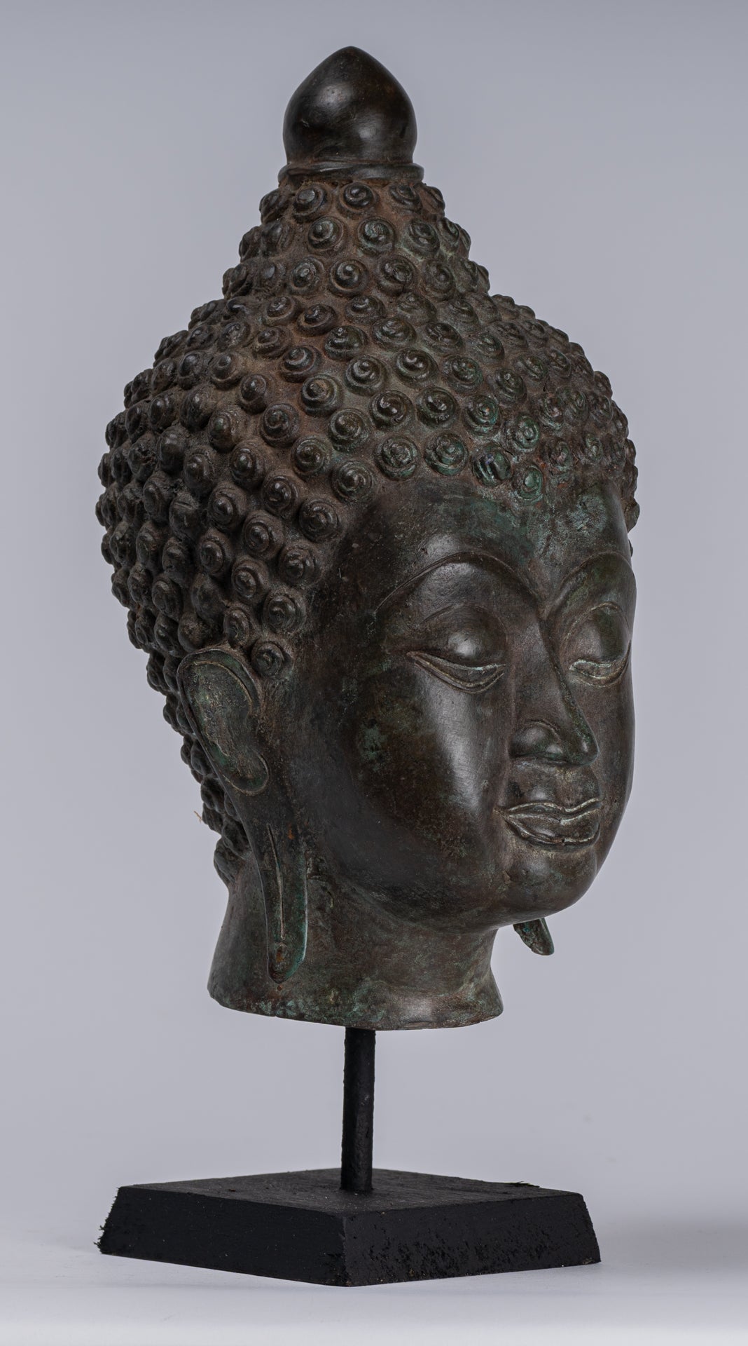 Buddha Head - Antique Thai Style Chiang Saen Mounted Bronze Buddha Head - 33cm/13"