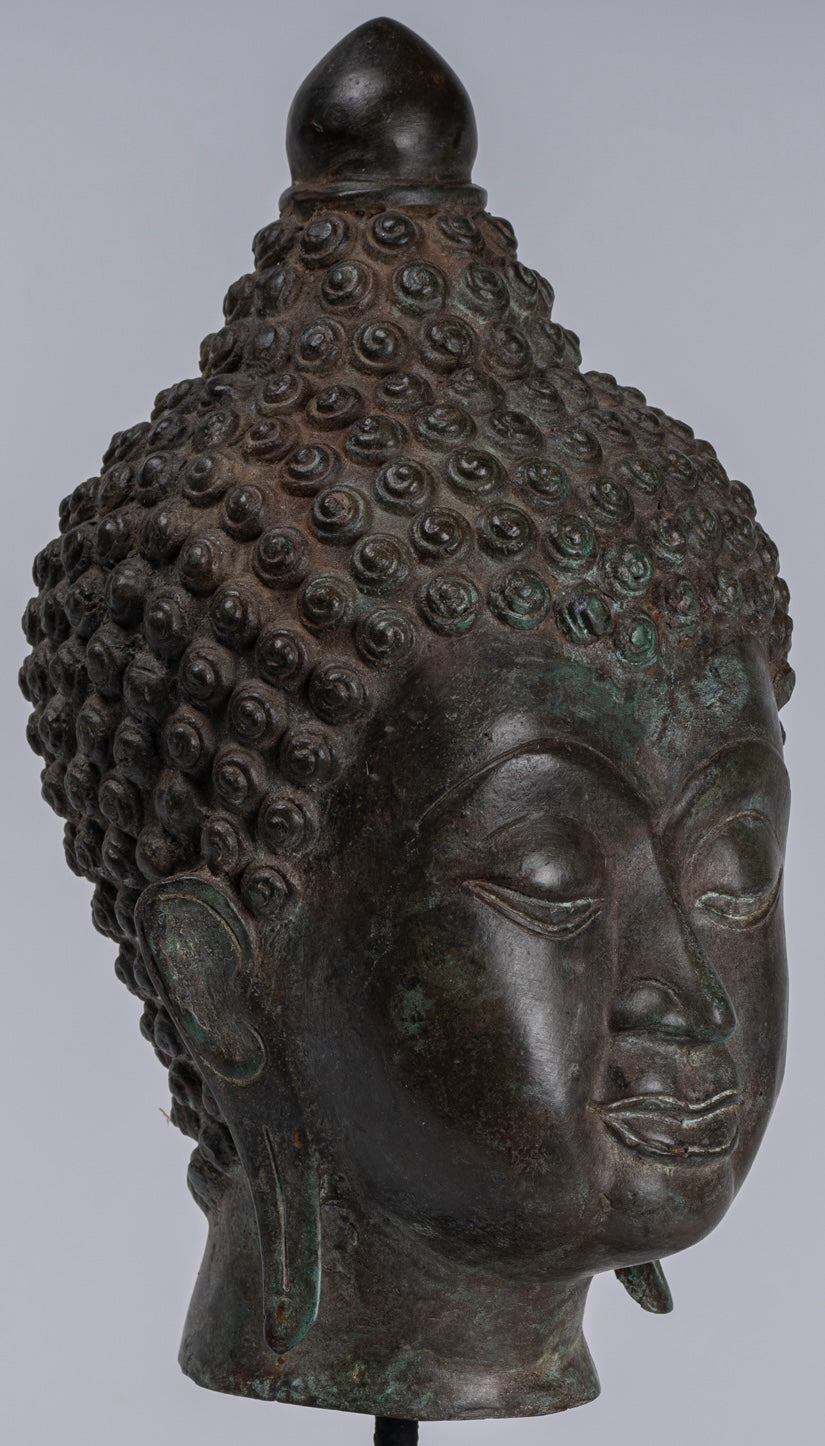 Buddha Head - Antique Thai Style Chiang Saen Mounted Bronze Buddha Head - 33cm/13"