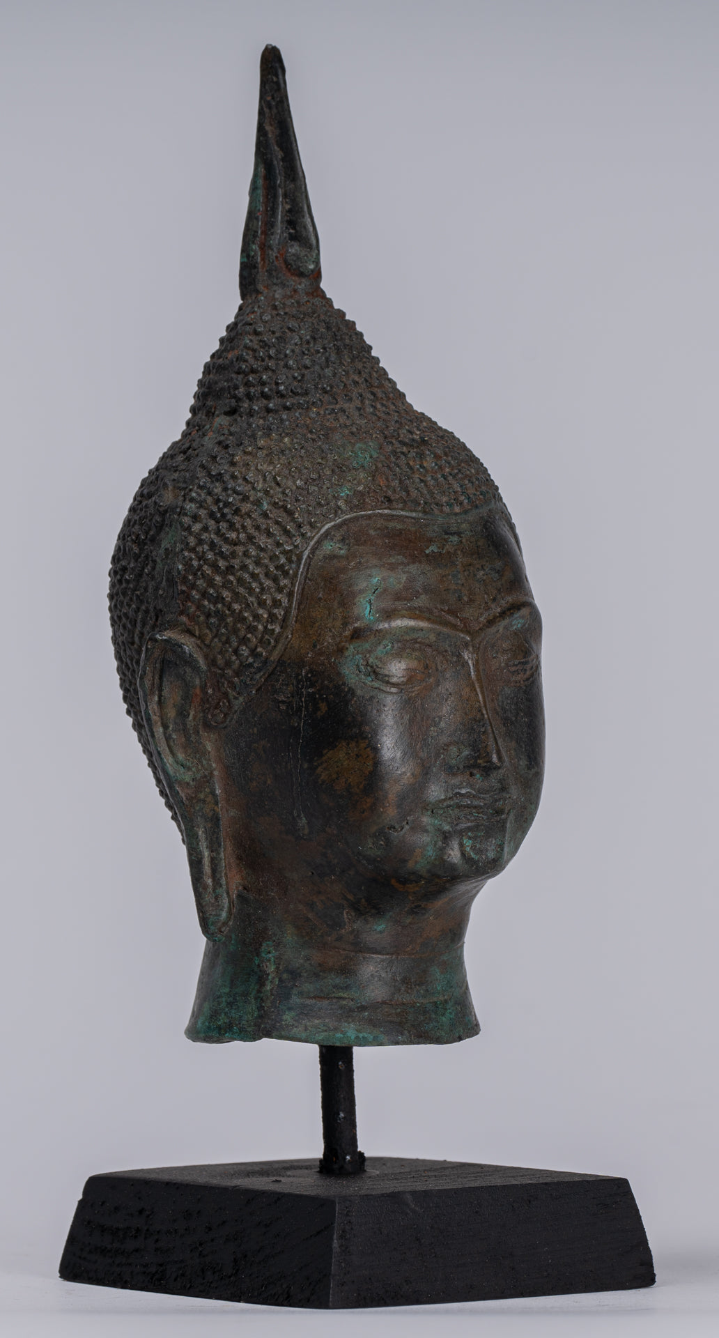 Buddha Head - Antique Thai Style Sukhothai Mounted Bronze Buddha Head - 22cm/9"