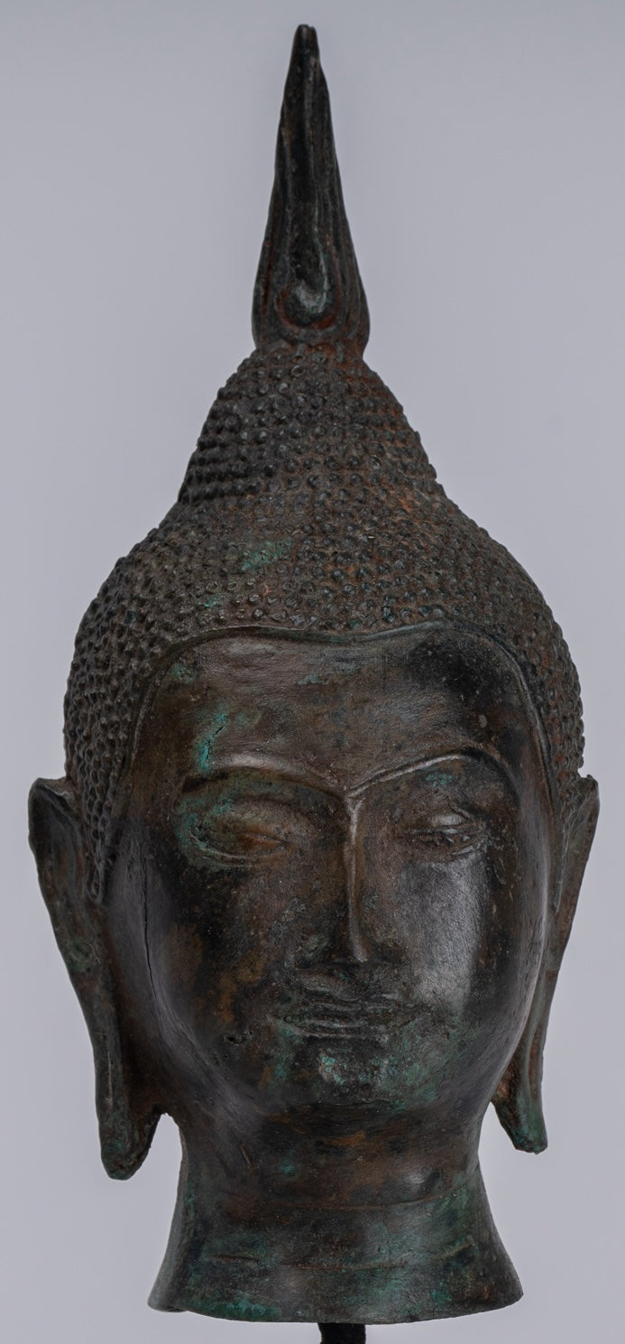 Buddha Head - Antique Thai Style Sukhothai Mounted Bronze Buddha Head - 22cm/9"