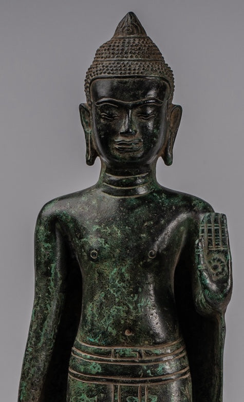 Buddha Statue - Antique Khmer Style Bronze Standing Abhaya Protection Buddha Statue - 52cm/21"