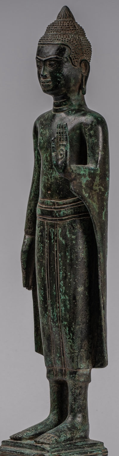 Buddha Statue - Antique Khmer Style Bronze Standing Abhaya Protection Buddha Statue - 52cm/21"