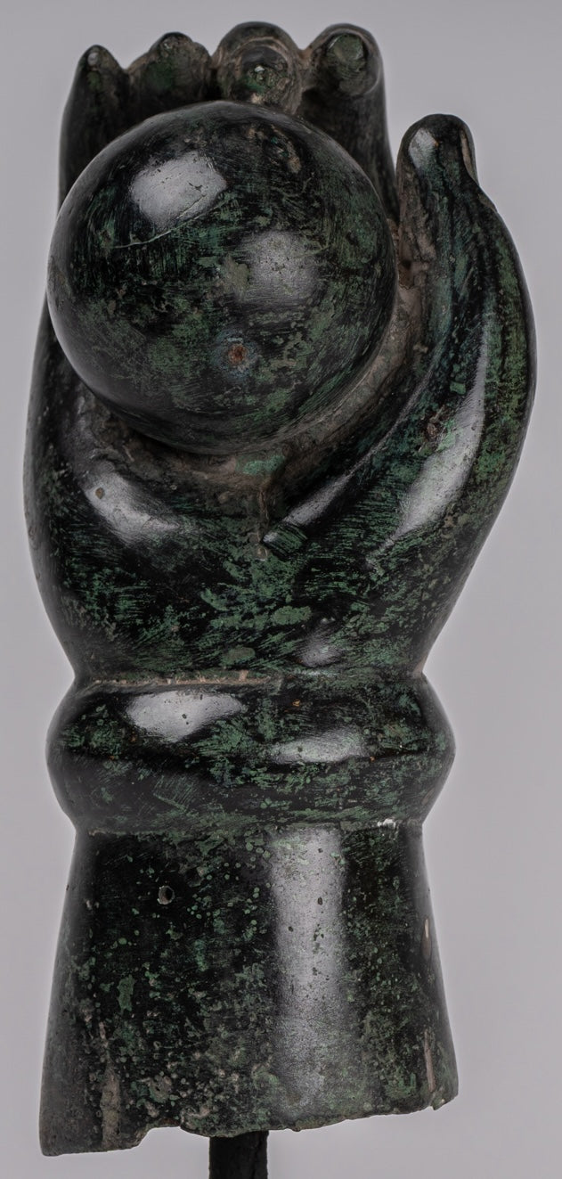 Mounted Antique Khmer Style Southeast Asia Bronze Vishnu Hand & Pinda or Ball - 22cm/9"