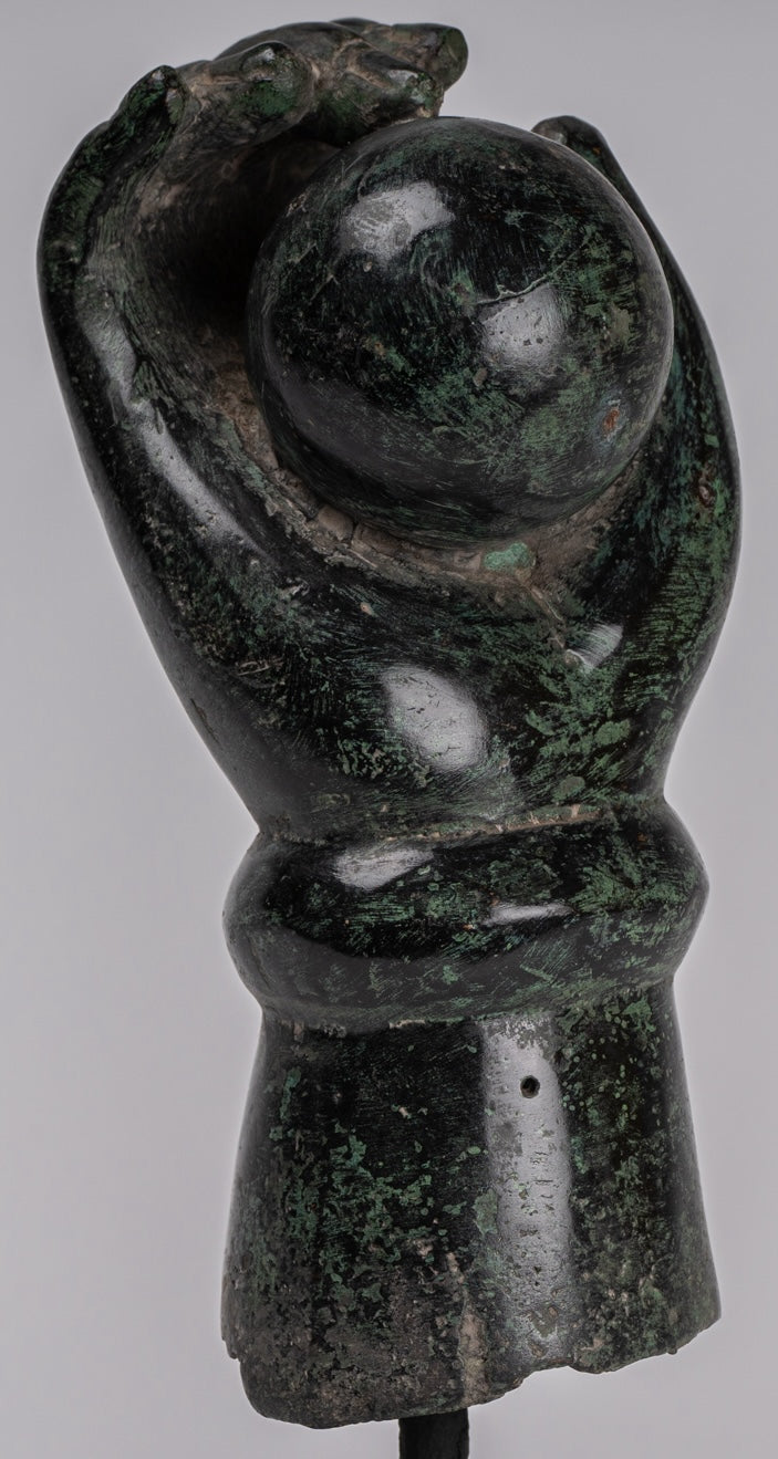 Mounted Antique Khmer Style Southeast Asia Bronze Vishnu Hand & Pinda or Ball - 22cm/9"