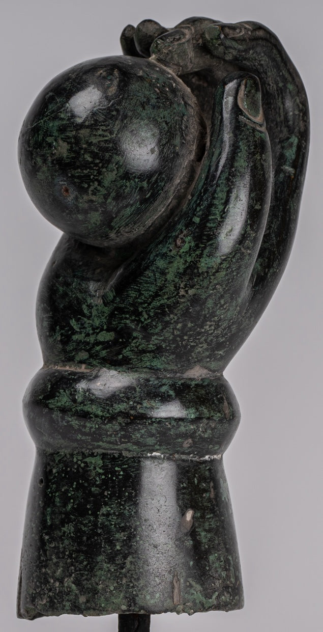 Mounted Antique Khmer Style Southeast Asia Bronze Vishnu Hand & Pinda or Ball - 22cm/9"