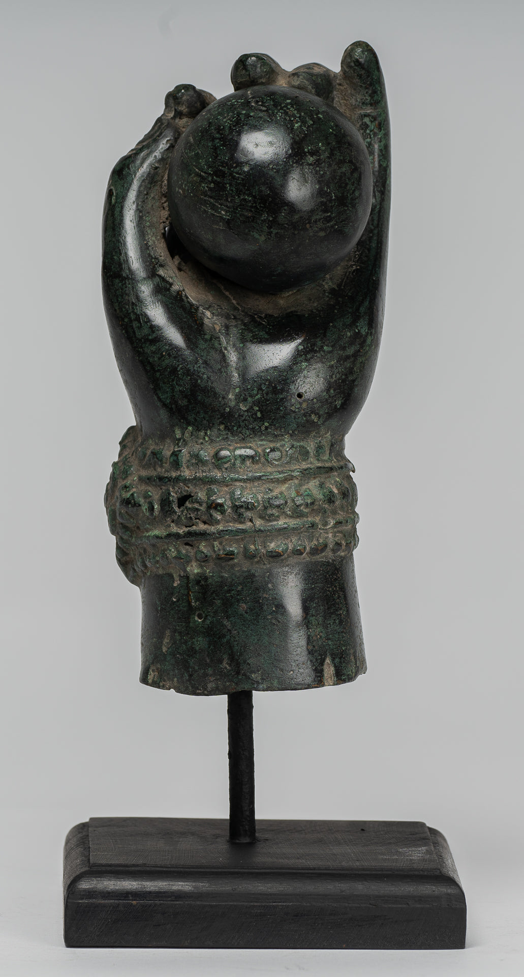 Mounted Antique Khmer Style Southeast Asia Bronze Vishnu Hand & Pinda or Ball - 22cm/9"