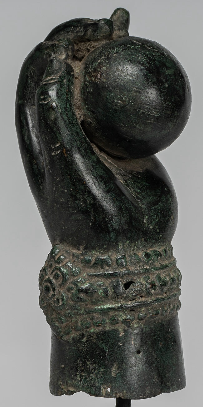 Mounted Antique Khmer Style Southeast Asia Bronze Vishnu Hand & Pinda or Ball - 22cm/9"