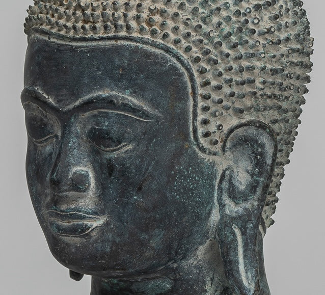 Buddha Statue - Antique Khmer Style Bronze Mounted Buddha Head - 29cm/12"
