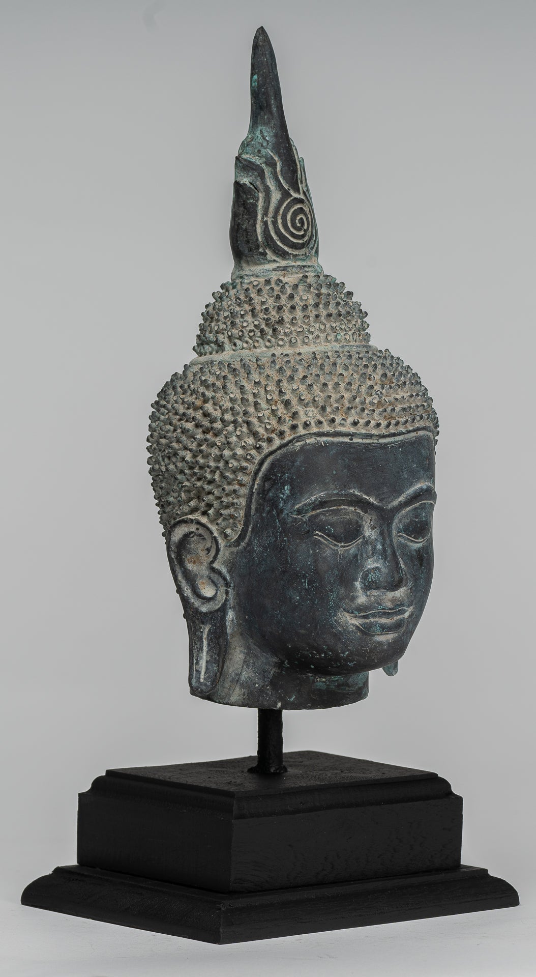 Buddha Statue - Antique Khmer Style Bronze Mounted Buddha Head - 29cm/12"