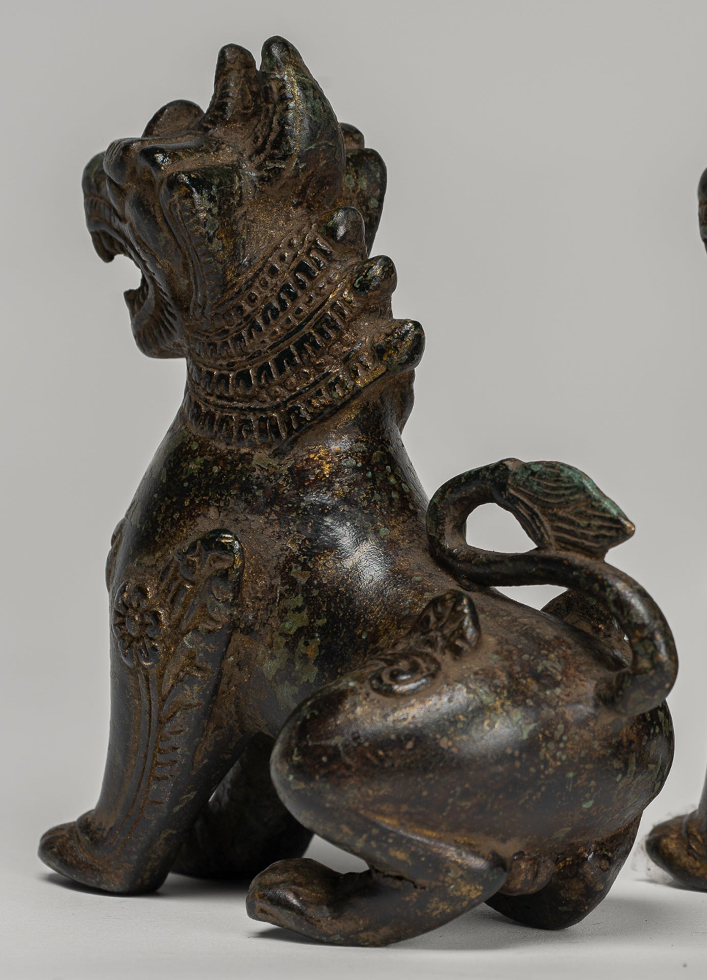 Antique Burmese Style Bronze Standing Chinthe Guardian Temple Lions - 12cm/5" (Pair)