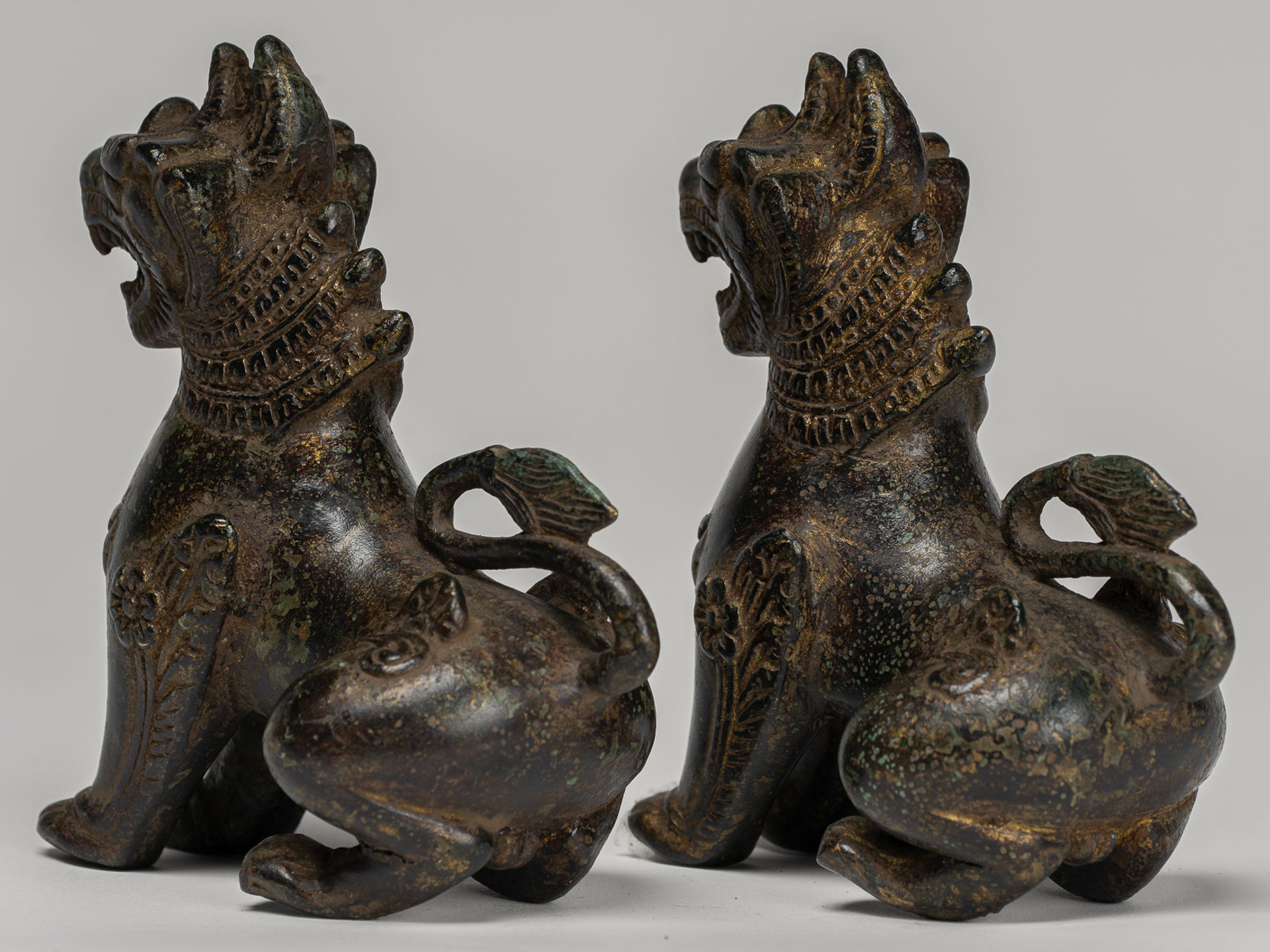 Antique Burmese Style Bronze Standing Chinthe Guardian Temple Lions - 12cm/5" (Pair)