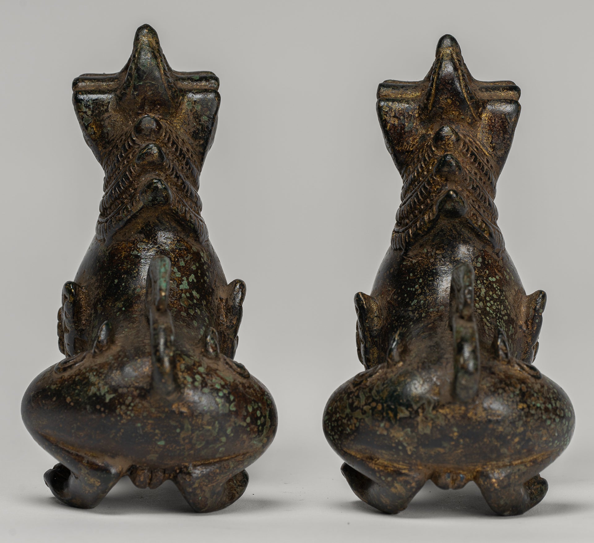 Antique Burmese Style Bronze Standing Chinthe Guardian Temple Lions - 12cm/5" (Pair)