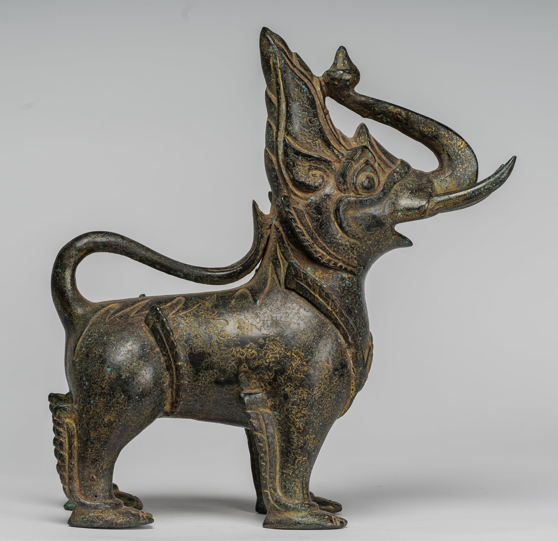 Antique Burmese Style Bronze Standing Chinthe Guardian Temple Lion - 29cm/12"