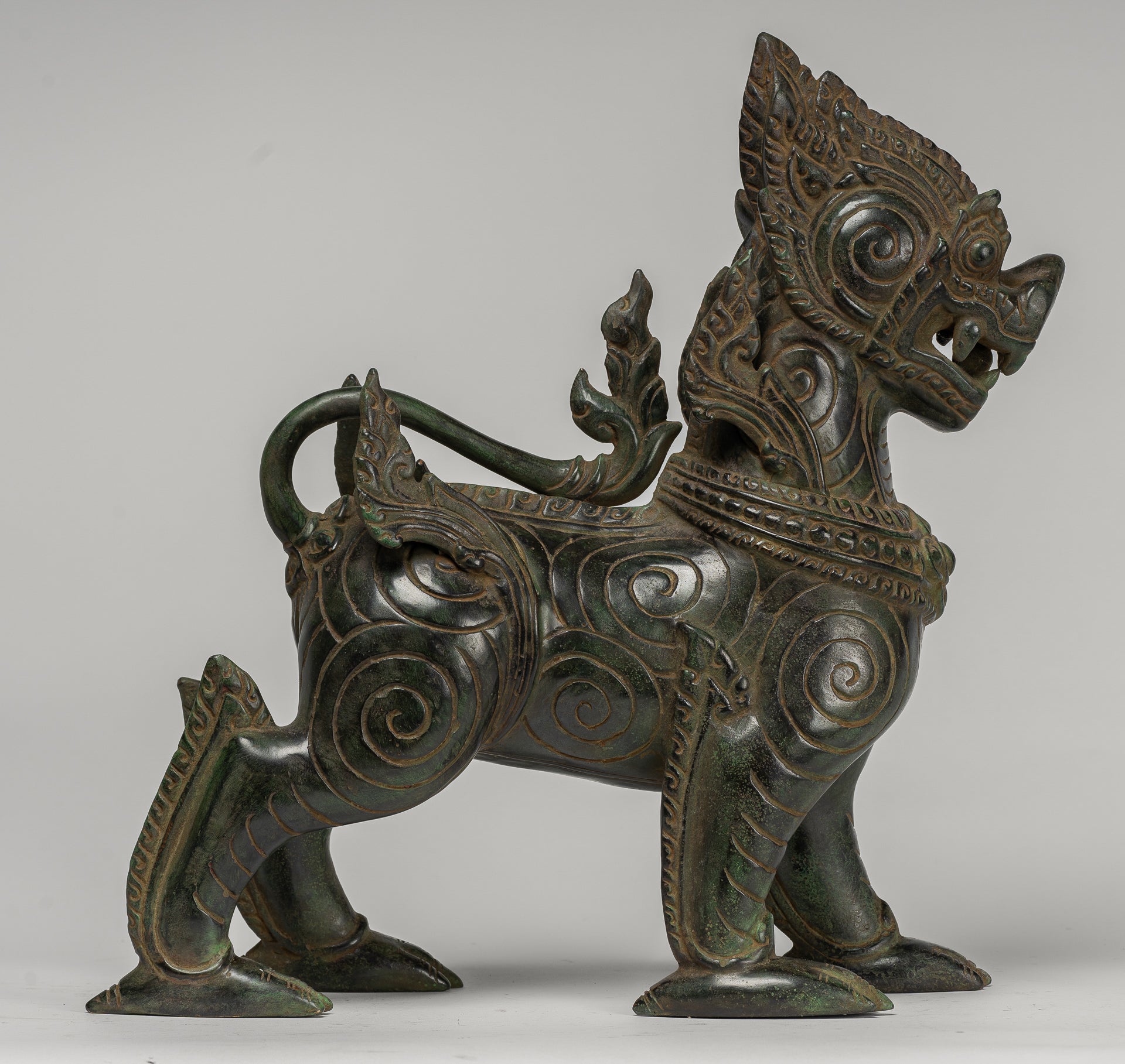 Antique Burmese Style Bronze Standing Chinthe Guardian Temple Lion - 34cm/14"