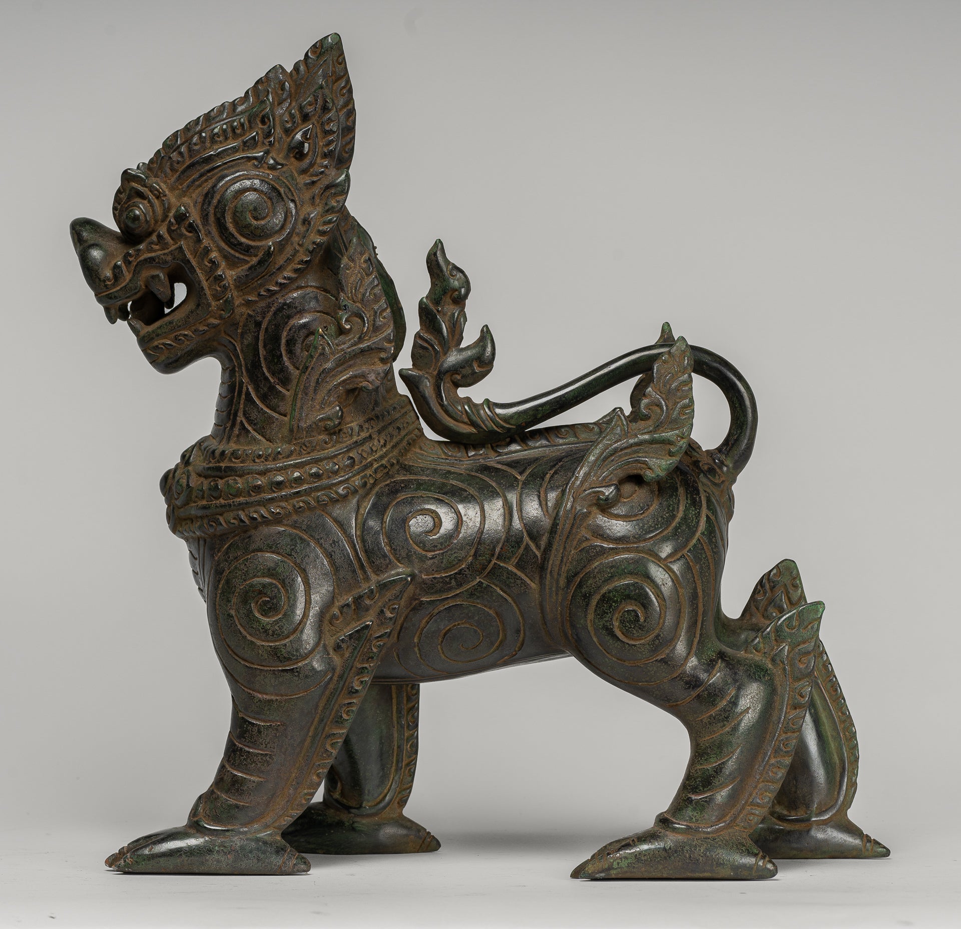 Antique Burmese Style Bronze Standing Chinthe Guardian Temple Lion - 34cm/14"