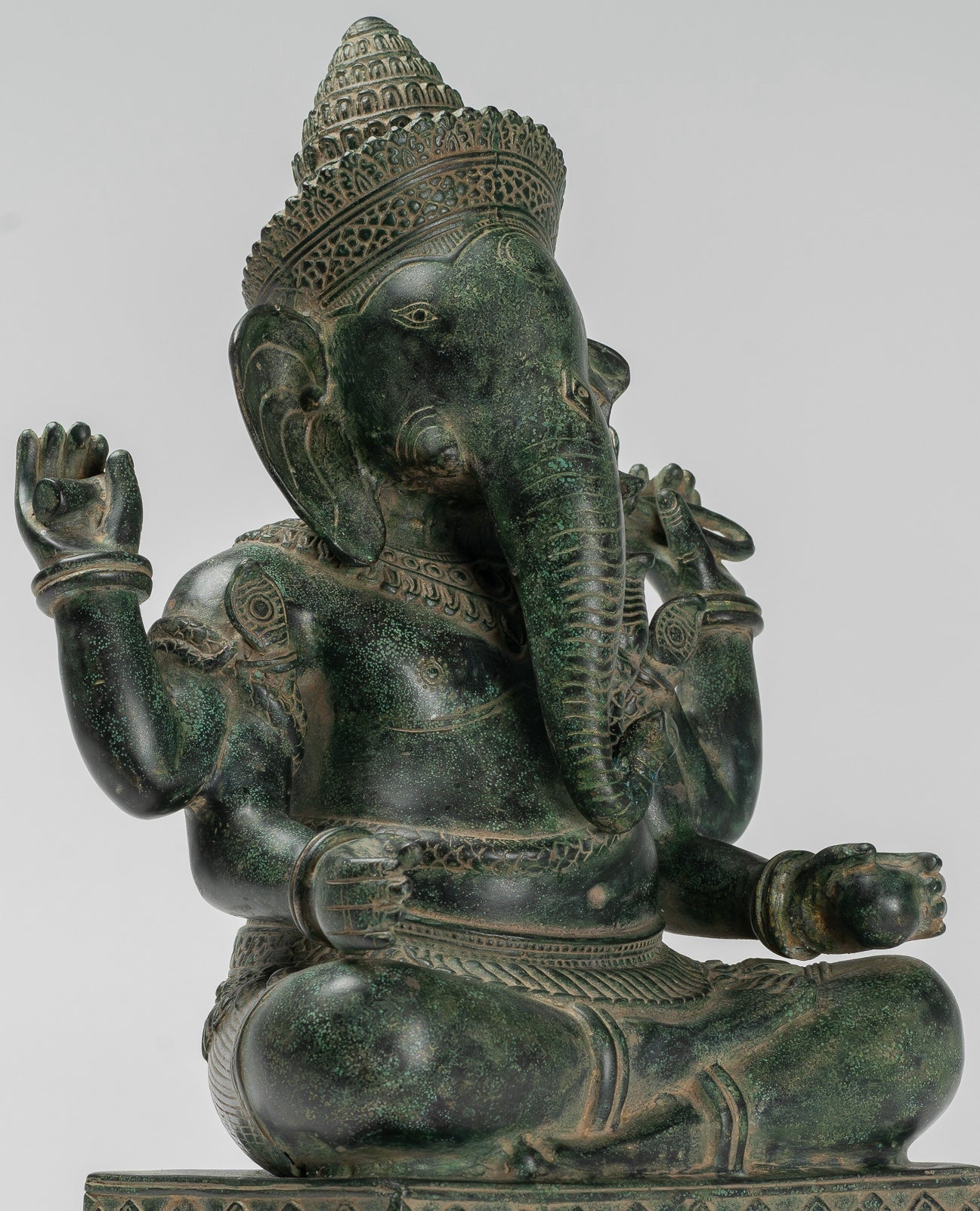 Ganesha Statue - Antique Khmer Style Angkor Wat Bronze Seated Four Arm Ganesh Statue - 40cm/16"