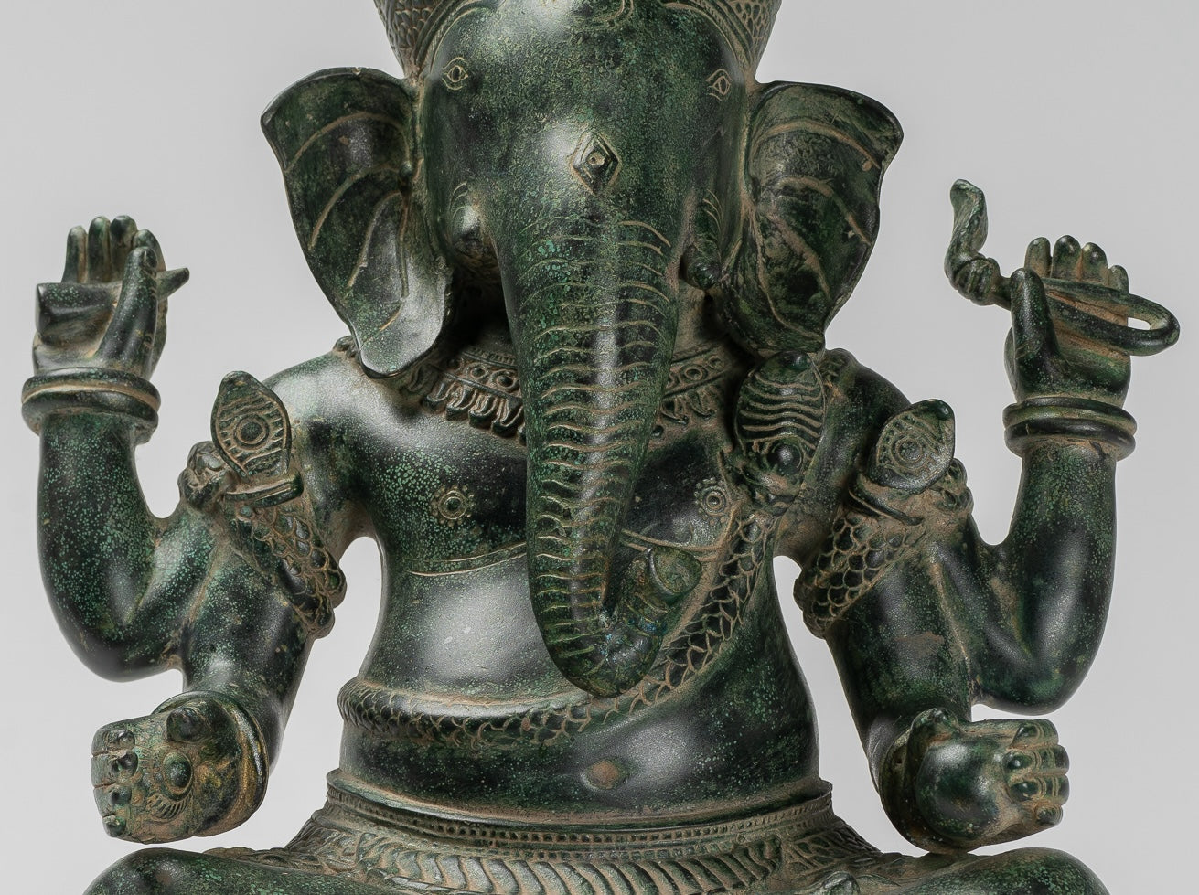 Ganesha Statue - Antique Khmer Style Angkor Wat Bronze Seated Four Arm Ganesh Statue - 40cm/16"