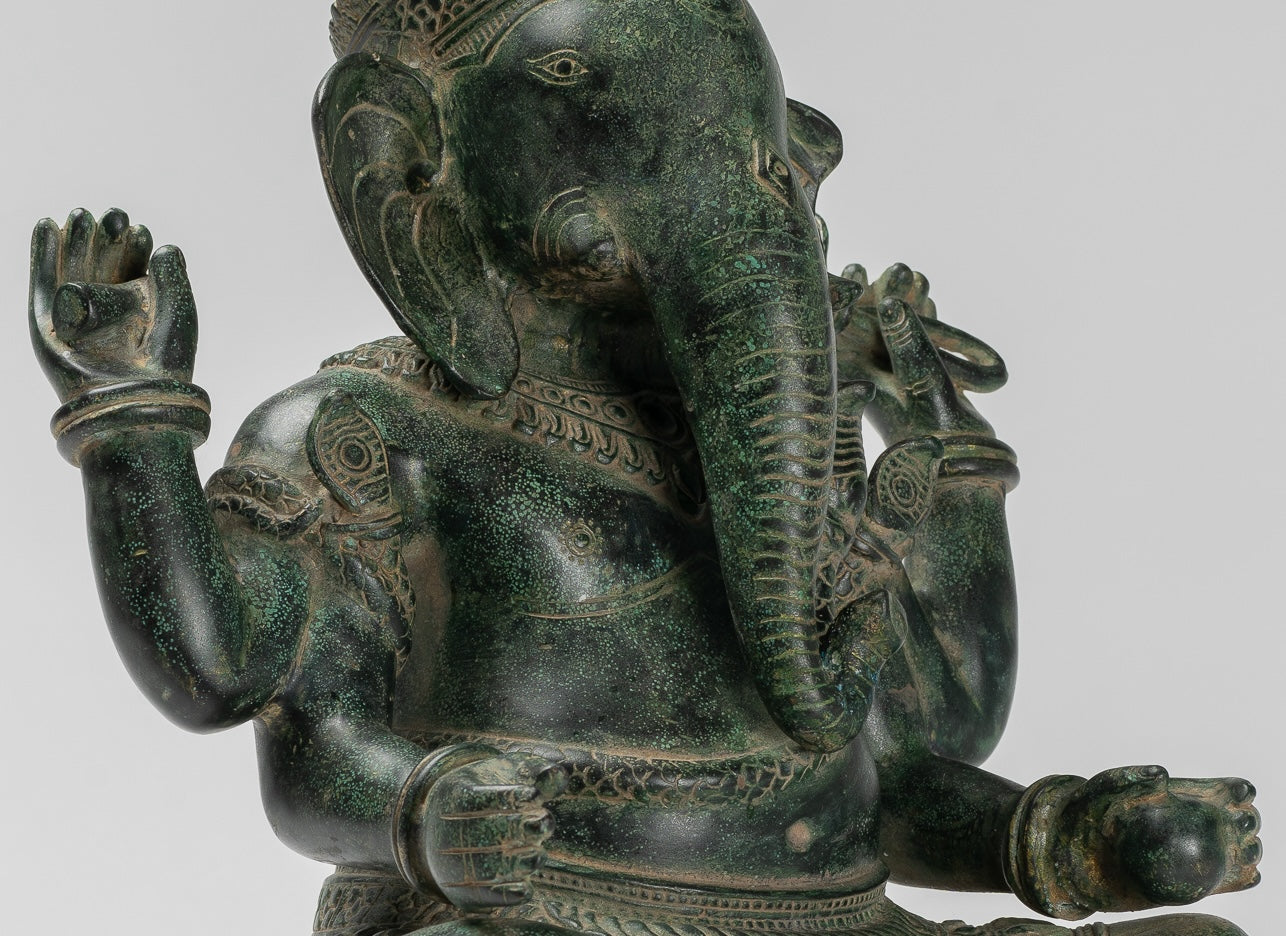 Ganesha Statue - Antique Khmer Style Angkor Wat Bronze Seated Four Arm Ganesh Statue - 40cm/16"