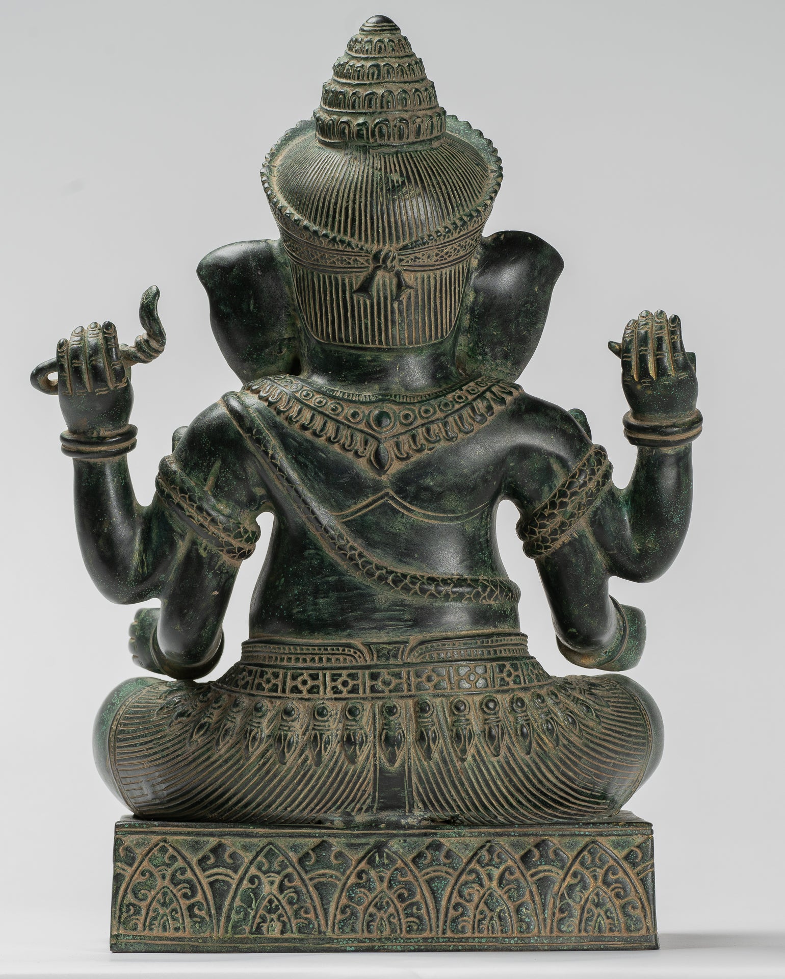 Ganesha Statue - Antique Khmer Style Angkor Wat Bronze Seated Four Arm Ganesh Statue - 40cm/16"