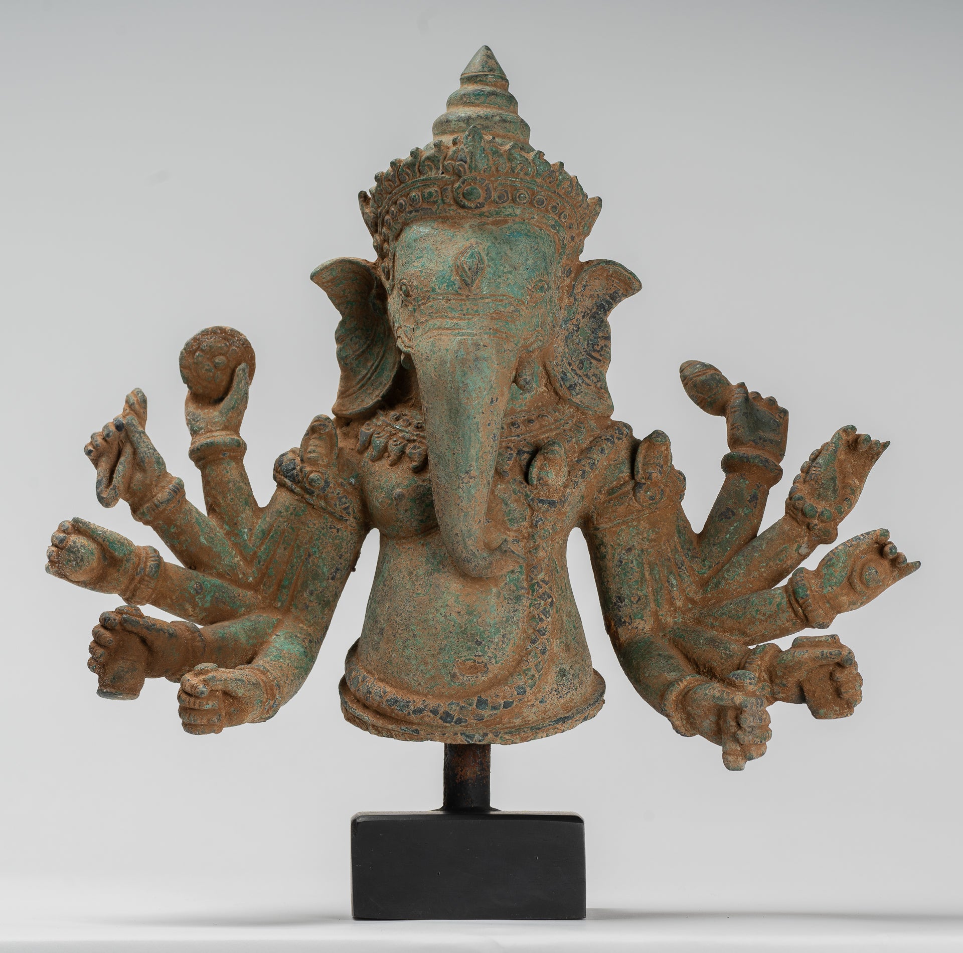 Ganesh Statue - Antique Khmer Style Bronze Mounted Verdigris Ganesha Statue - 39cm/16"
