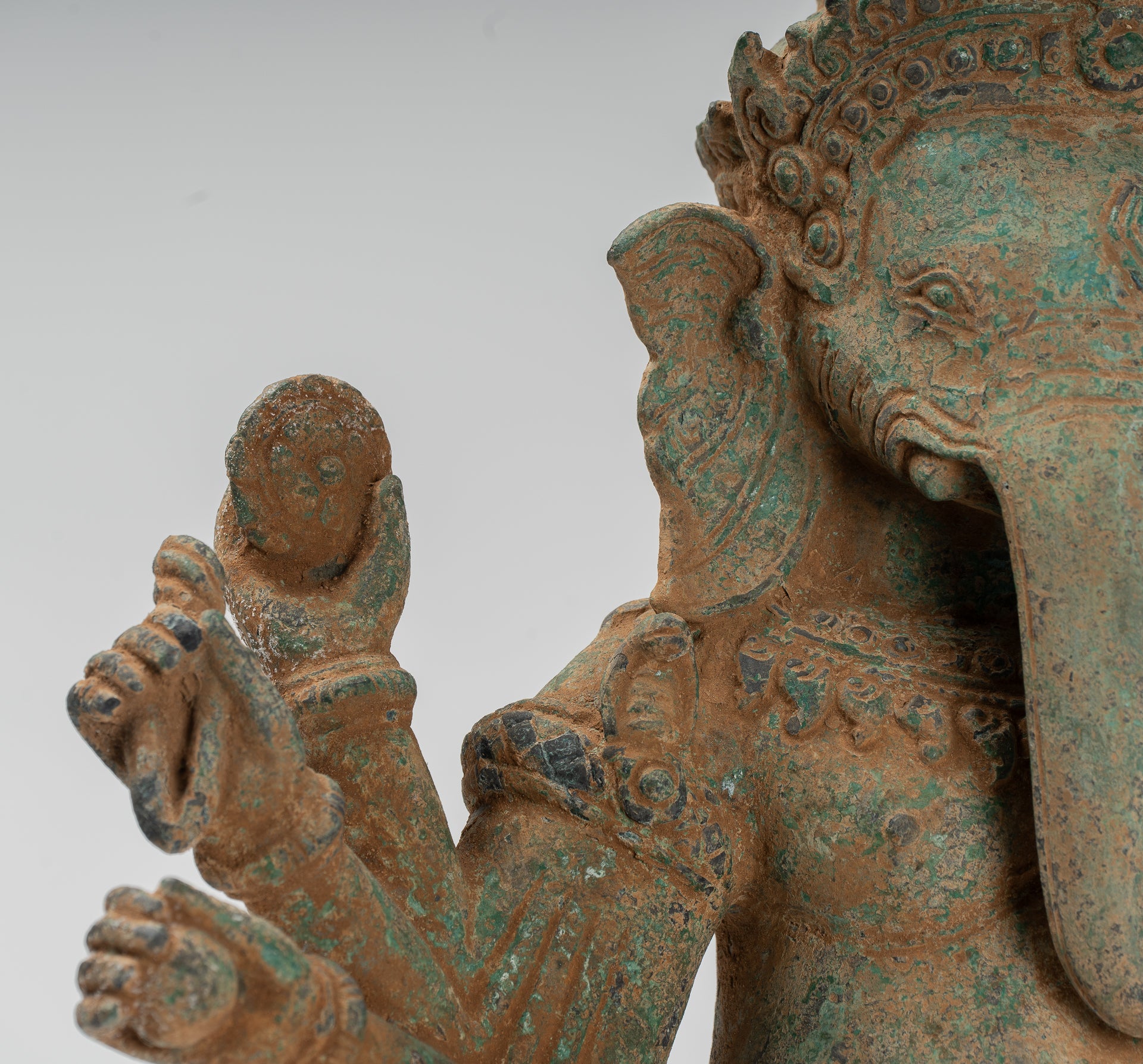 Ganesh Statue - Antique Khmer Style Bronze Mounted Verdigris Ganesha Statue - 39cm/16"