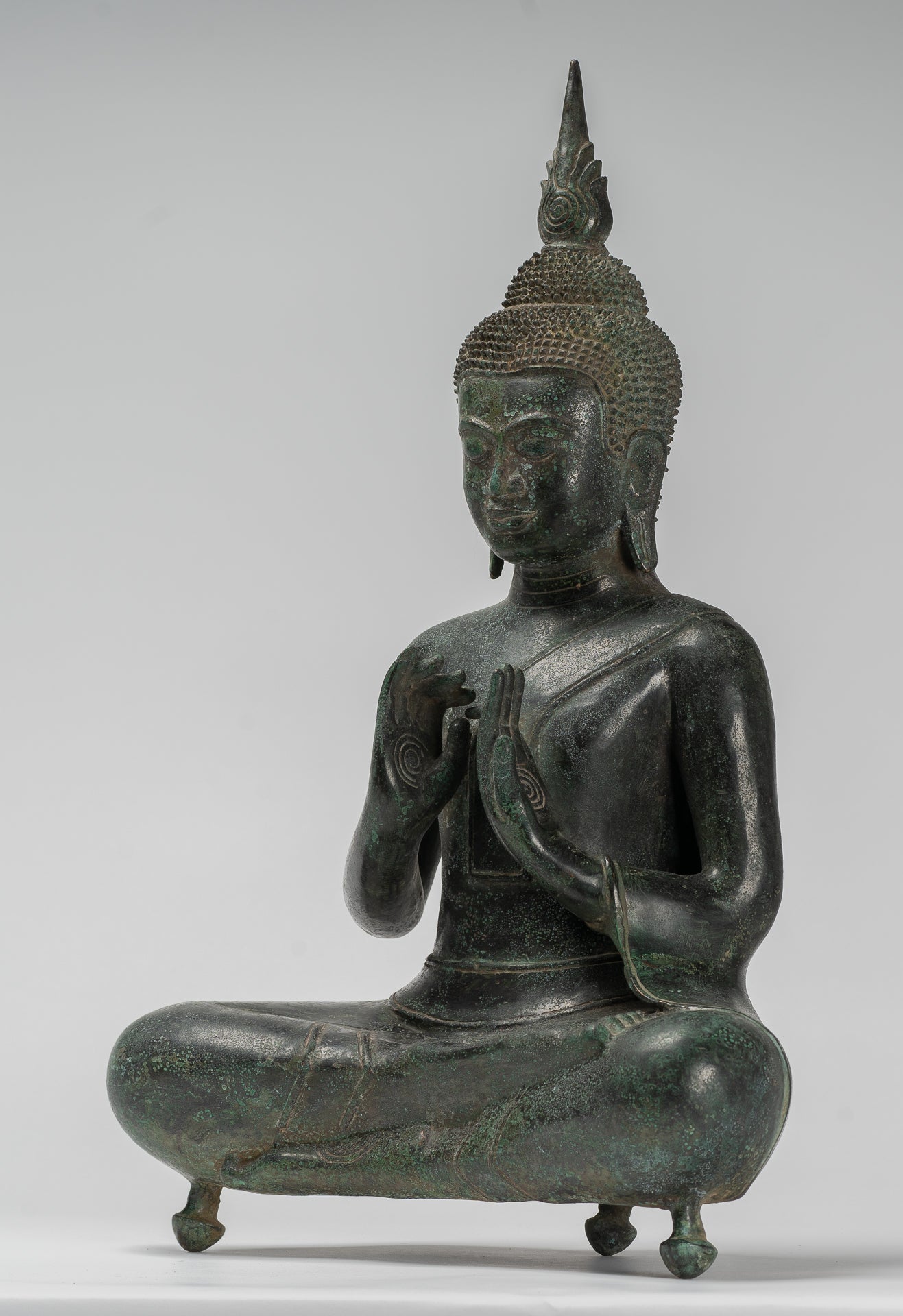 Buddha - Antique Khmer Style Bronze Seated Double Teaching Buddha Statue - 50cm/20"