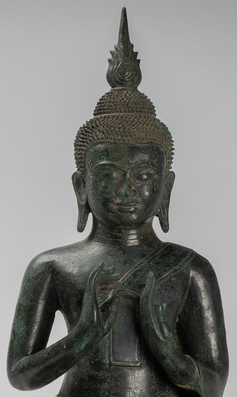 Buddha - Antique Khmer Style Bronze Seated Double Teaching Buddha Statue - 50cm/20"