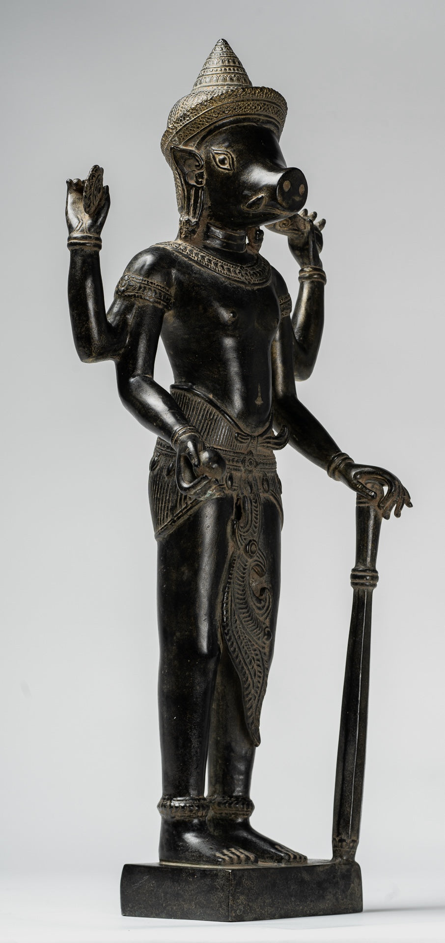 Varaha Statue - Antique Khmer Style Standing Bronze Varaha Boar Avatar of Vishnu - 55cm/22"